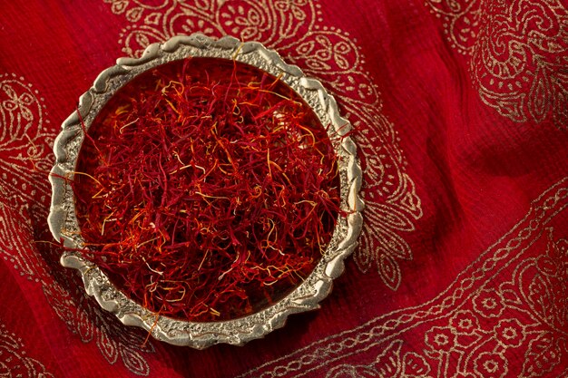 Top view saffron still life arrangement with copy space