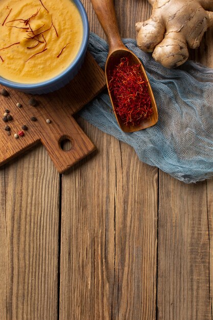 Top view saffron still life arrangement with copy space