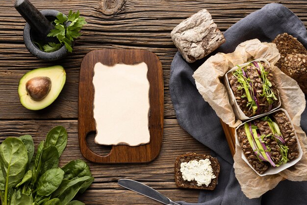 Top view of salad sandwiches with salad and avocado