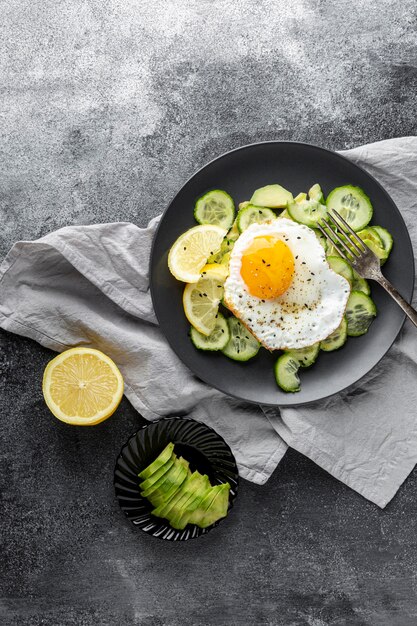 Top view salad with fried egg