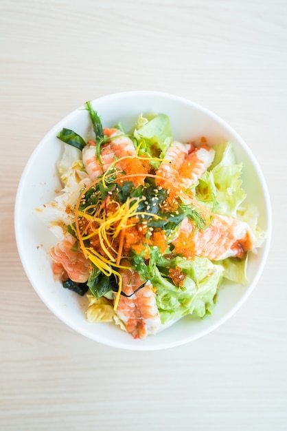 Top view of salad with prawns