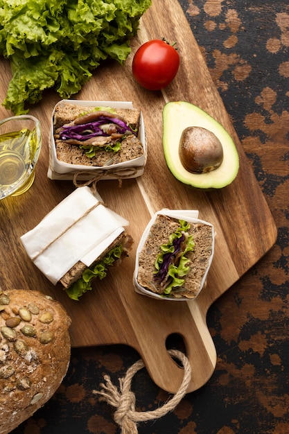 top view of sandwiches with avocado and tomato