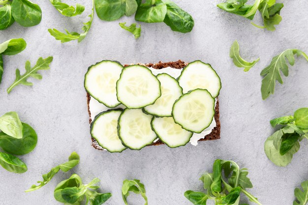 Top view sandwiches with cucumbers and salad