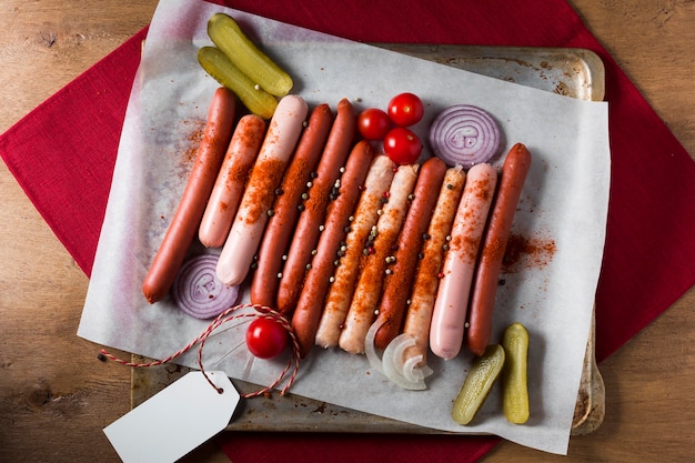 Top view sausage assortment on tray