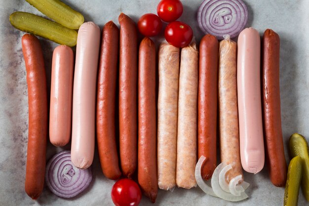 Top view sausage assortment with onion