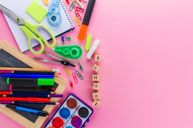 Top view of school stationery