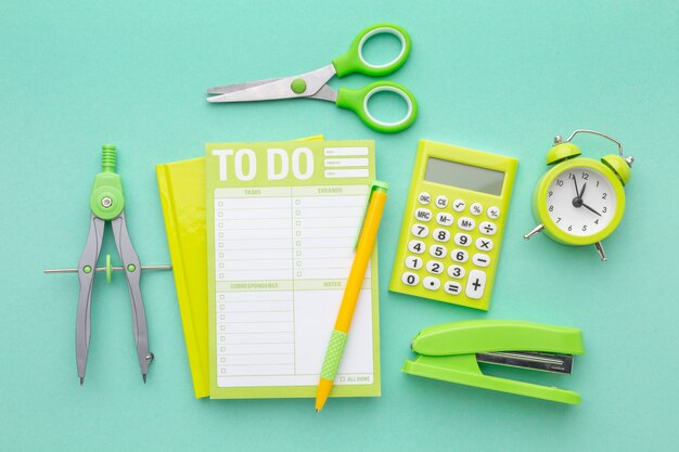 Top view school supplies arrangement