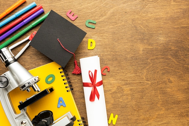 Top view of school supplies with microscope