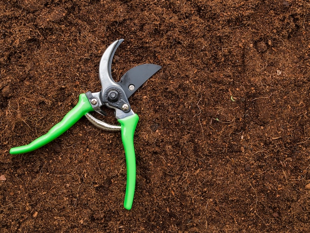 Free photo top view scissors on soil