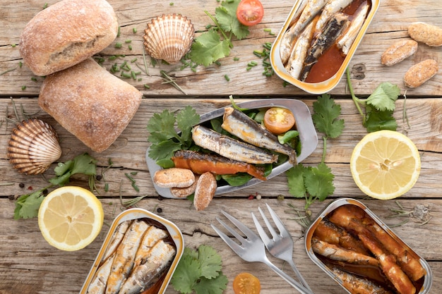 Top view of seafood with lemon and oysters