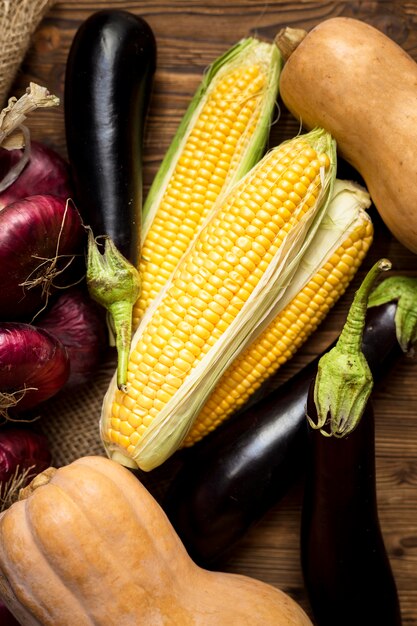 Top view seasonal vegetables arrangement