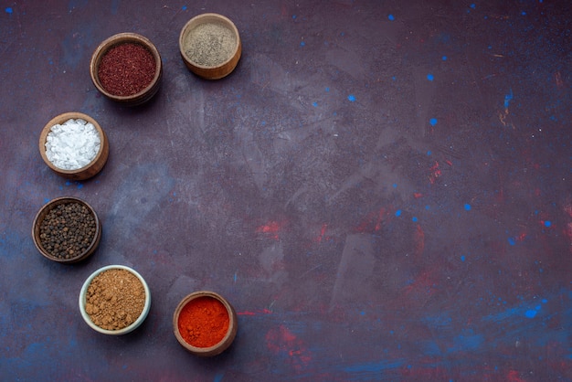 Top view seasonings inside pots salt pepper on the dark-purple surface 