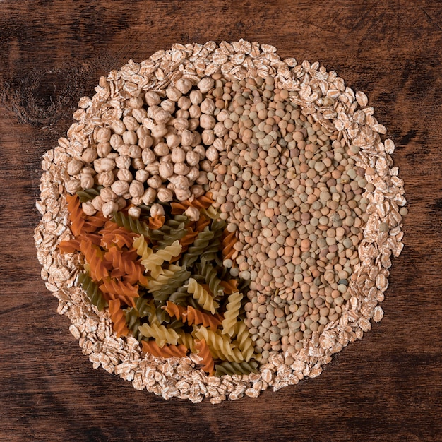 Top view seeds and pasta arrangement