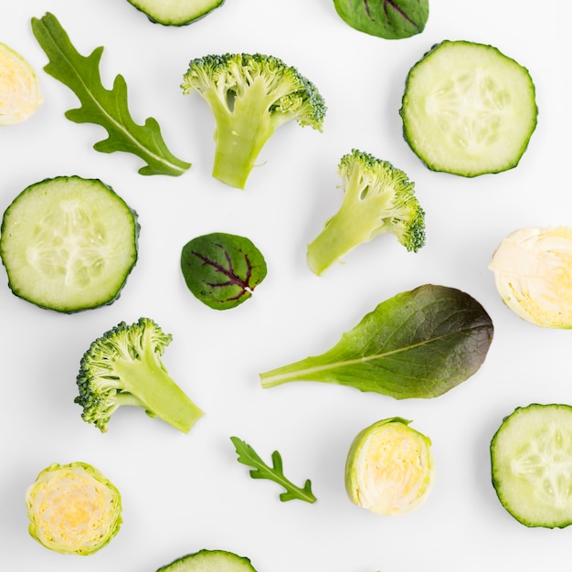 Top view selection of cucumber slices and broccoli