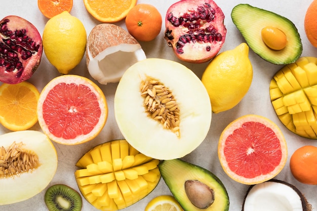 Top view selection of exotic fruits ready to be served