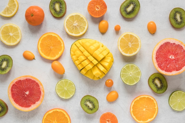 Top view selection of exotic fruits on the table