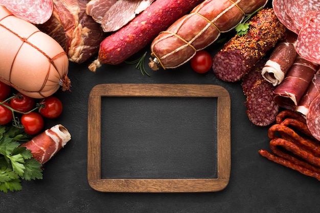 Top view selection of tasty meat on the table