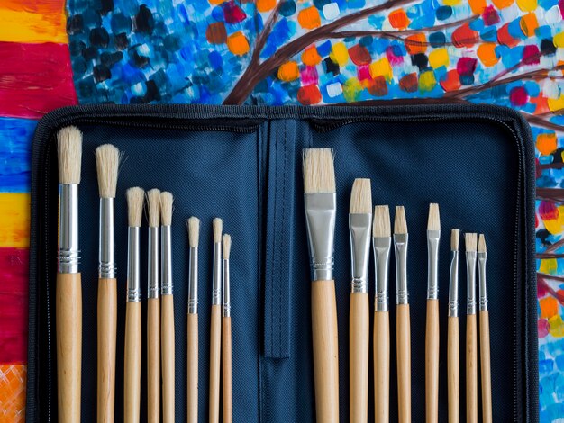 Top view of set of paint brushes