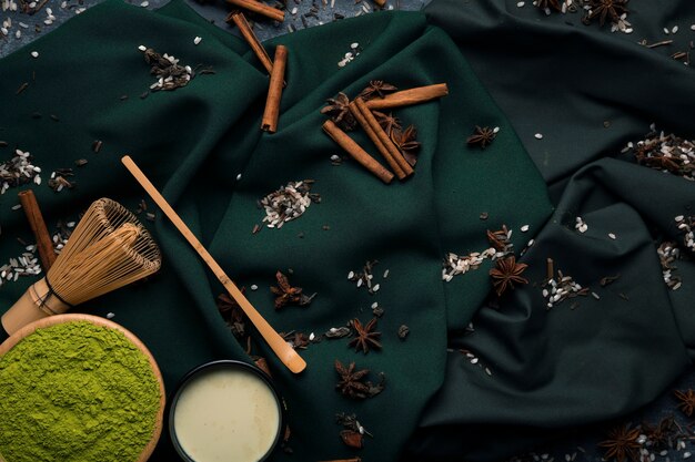 Top view set of trandiotional asian tea matcha