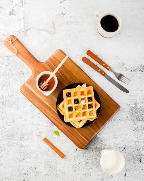 Top view set of waffle on wooden top