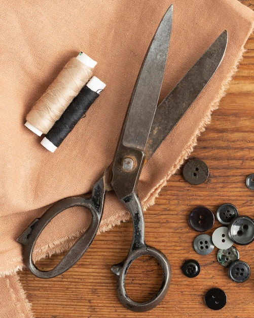 Top view sewing accesories with scissors