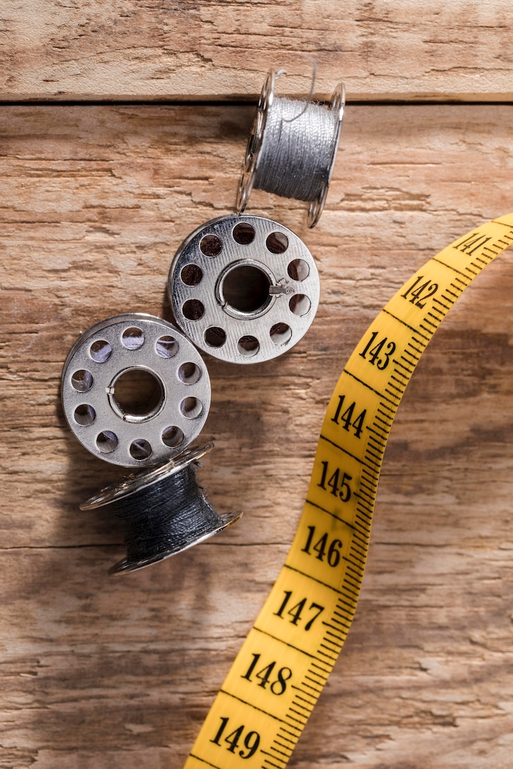 Free Photo top view of sewing machine shuttles with measuring tape