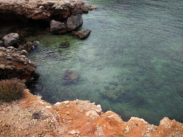 Top view shot of a rocky beach in Ibiza, Spain