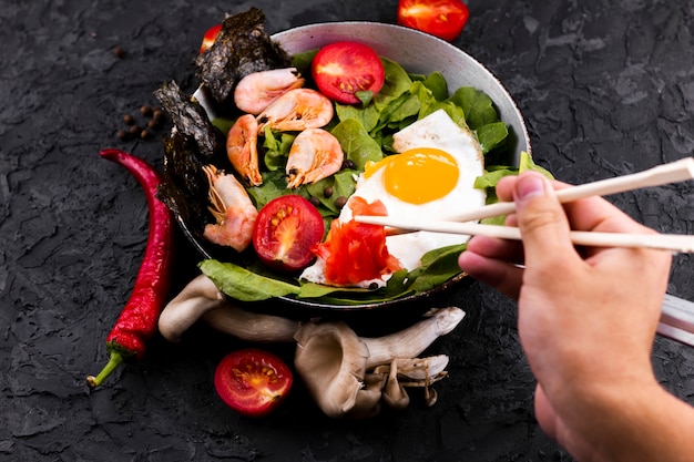 Top view shrimp and vegetables salad