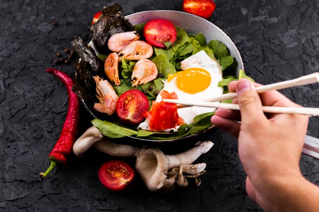 Top view shrimp and vegetables salad