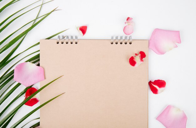 Top view of a sketchbook and paper clips with a palm leaf and rose flower petals scattered on white background