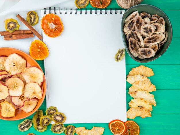 Top view of a sketchbook with various dried fruits and citruses slices on green background