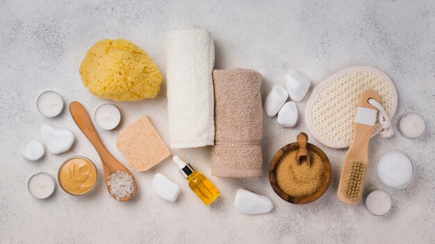Top view skincare accessories for spa