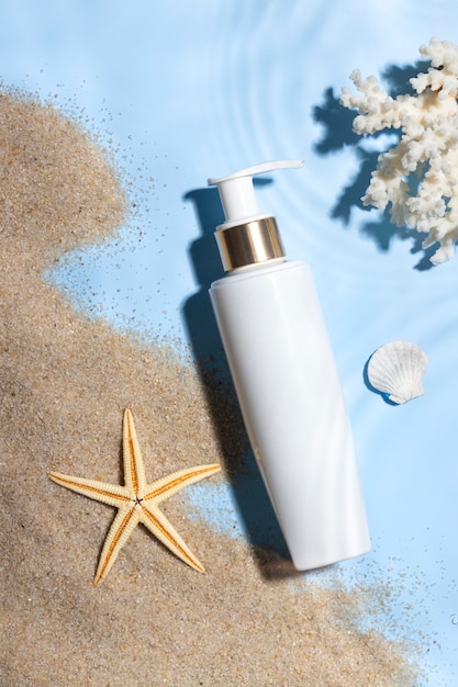 Top view skincare product on the beach