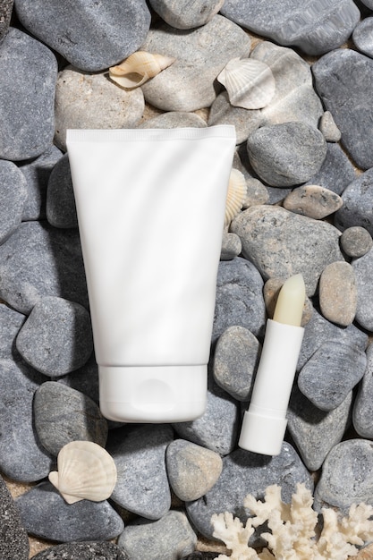 Top view skincare product on the beach