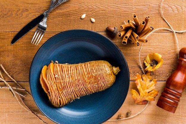 Top view sliced baked squash on plate