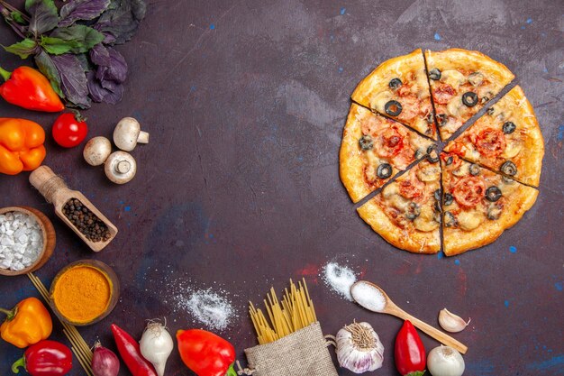 Top view sliced mushroom pizza delicious dough with fresh vegetables on dark surface dough meal food italian