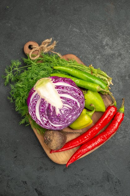 Top view of sliced red cabbage with other vegetables