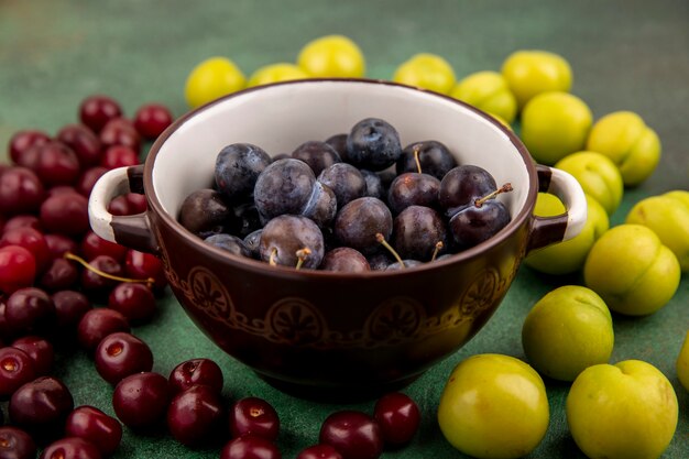 Top view of the small sour blue-black fruit sloes on a brown bowl with red cherries with green cherry plums on a red background