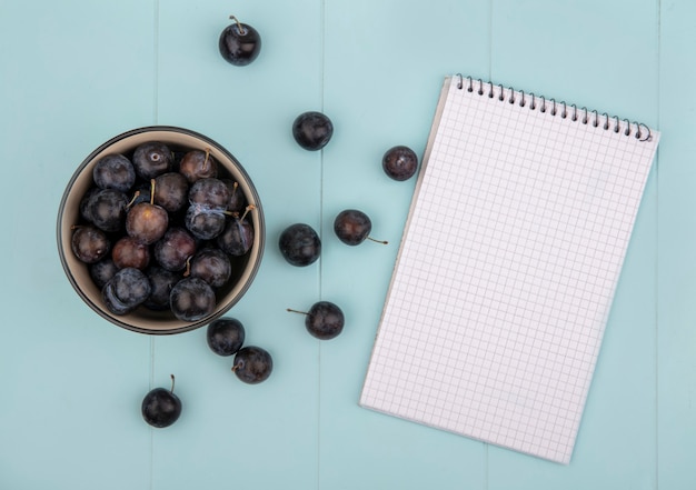 Free photo top view of the small sour blue-black sloes on a bowl on a blue background with copy space