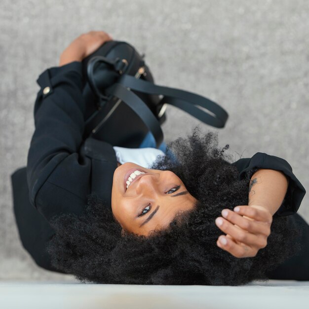 Top view smiley woman posing