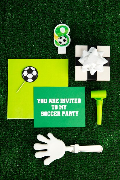 Top view soccer birthday items assortment