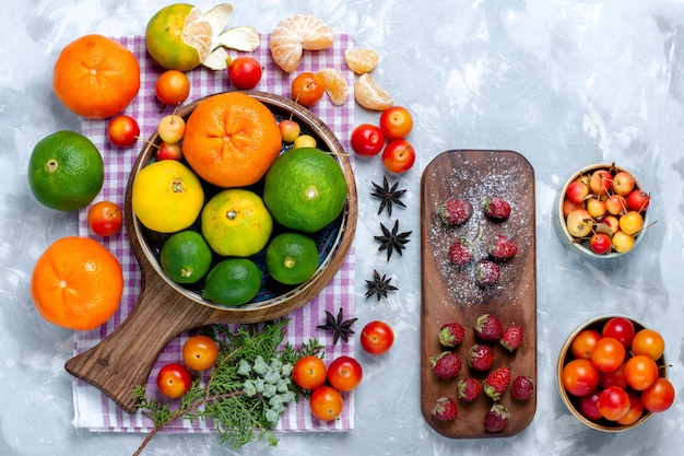 Free photo top view sour fresh tangerines with lemons and plums on light-white desk