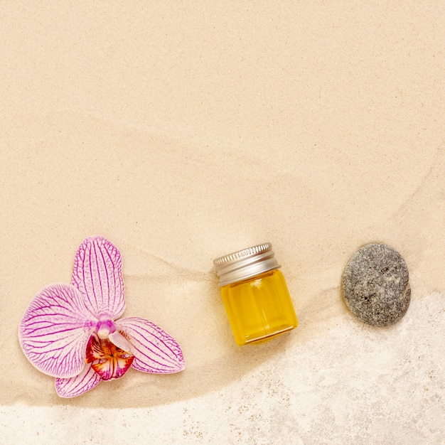 Top view spa arrangement with oil and flower