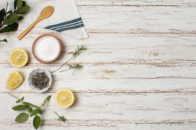 Top view spa concept on wooden background