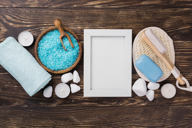 Top view spa therapy salt and soap on the table