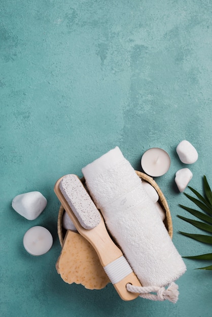 Top view spa towel with brush and soap