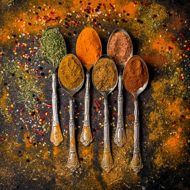 Top view spice with pepper and cinnamon and turmeric in spoon