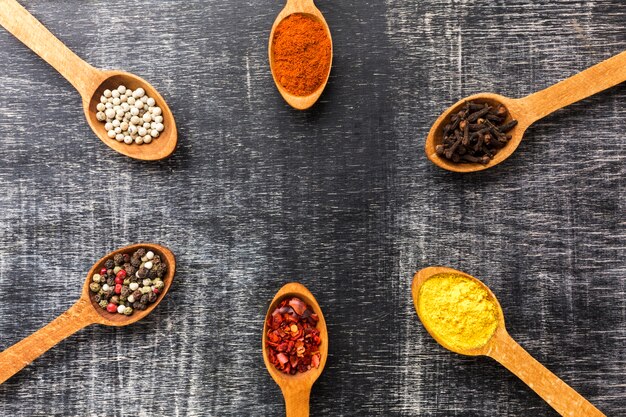 Top view spices powder on spoons