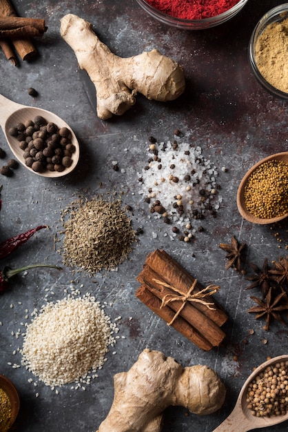 Top view spices on stucco background