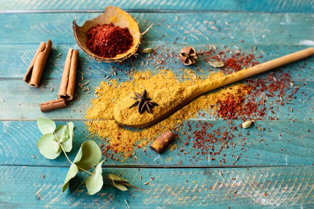 Top view spoon with indian condiments